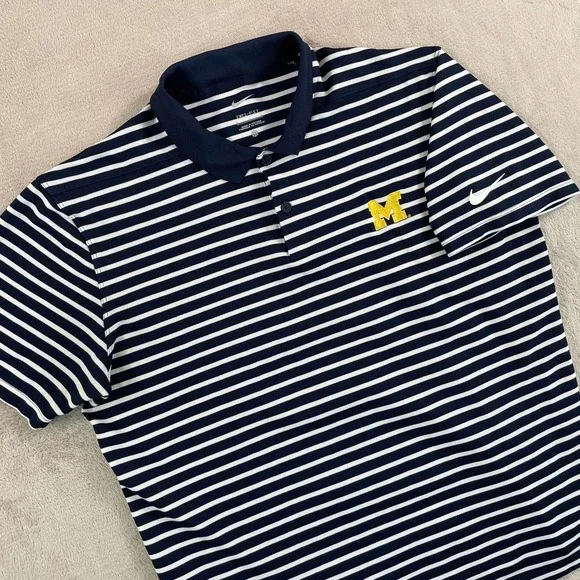 Nike x Michigan Wolverines Polo Shirt Men Medium Blue White Striped Performance - Picture 1 of 9